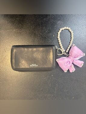 Coach Black Leather Card Holder with Pink Bow Pearl Wristlet Charm
